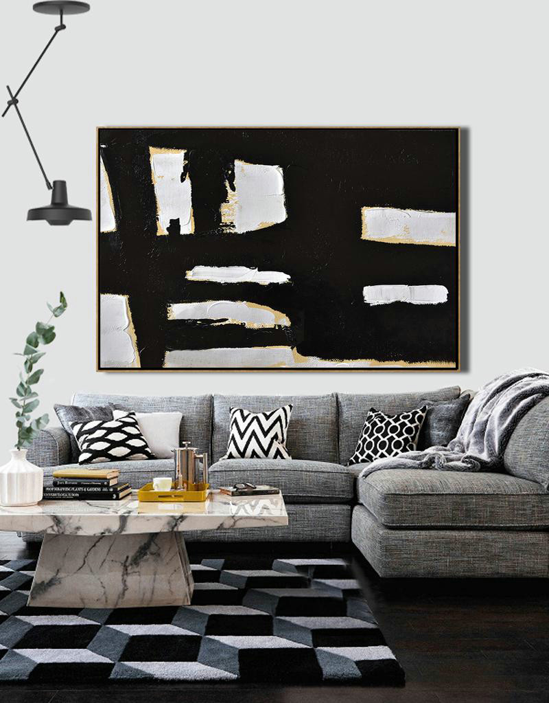 Hand Painted Aclylic Painting On Canvas,Horizontal Palette Knife Minimal Canvas Art Painting Black White Beige - Modern Art Abstract Painting